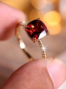 1pc Fashionable And Simple Artificial Square Shaped Red Cubic Zirconia Decorated Ring For Women, Ideal Gift For Engagement, Wedding, Party And Other Occasions - Red - View 1