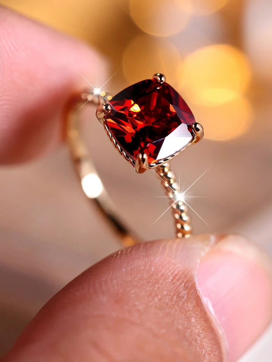 1pc Fashionable And Simple Artificial Square Shaped Red Cubic Zirconia Decorated Ring For Women, Ideal Gift For Engagement, Wedding, Party And Other Occasions - Red - View 1