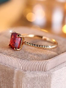 1pc Fashionable And Simple Artificial Square Shaped Red Cubic Zirconia Decorated Ring For Women, Ideal Gift For Engagement, Wedding, Party And Other Occasions - Red - View 5