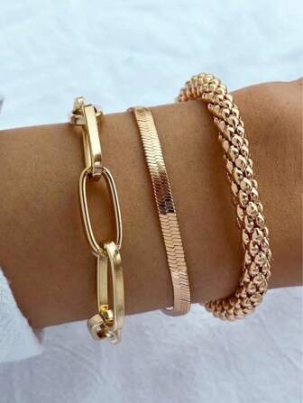 3Pcs/Set Vintage Multi-Layered Snake Bone Chain Design Metallic Bracelet Set Matching Bracelets