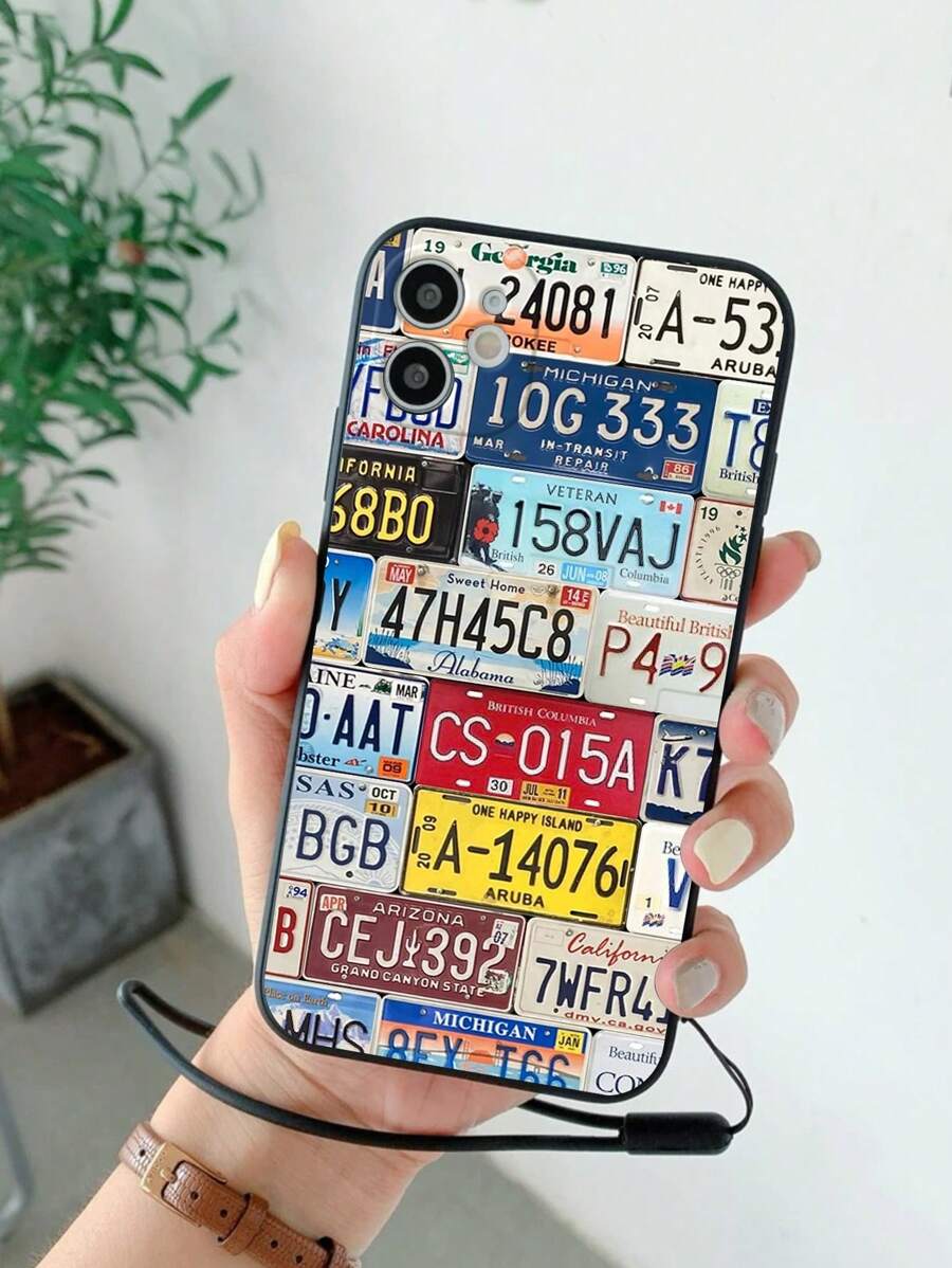 Vintage License Plate Design Black Soft Case With Strap Compatible With Apple Phone, Shockproof Protective Cover - Multicolor - View 1