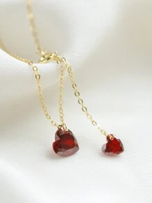 時尚S925銀14K金色心形紅寶石吊墜項鍊,首飾類適合女士 - 紅色 - 查看 5