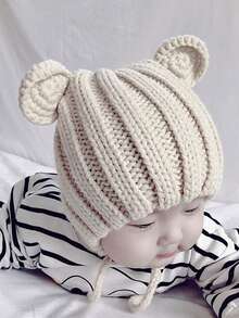 1 Baby Beige Round-eared Cute Knitted Hat With Straps For Warmth And Protection, Suitable For Daily Use In Outdoor Travel - Beige - View 4
