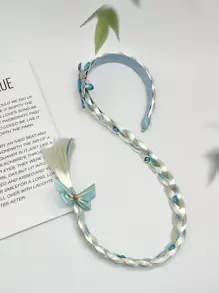 1pc Children's Long Hair Princess Wig With Flower Pearl Braid, Crown, Snowflake Hair Clip, Headband, Ideal For Stage Performance Or Party Decoration - Blue - View 5