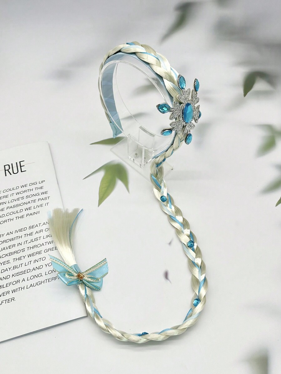 1pc Children's Long Hair Princess Wig With Flower Pearl Braid, Crown