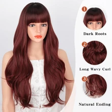 Women's Burgundy High Temperature Fiber Synthetic Hairpieces With Brown Bangs, 61cm/24in, Long Wavy Hair Wig With Dark Root And Layered Design, Heat Resistant For Natural Look, Suitable For Daily Wear And Parties - Burgundy - View 3