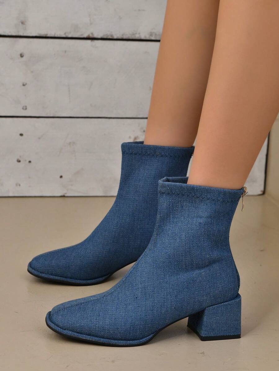 時尚女式彈性牛仔布靴,冬季新款短靴顯瘦,方頭厚跟彈性靴加大尺碼40.41.42高跟靴 - 藍色 - 查看 1