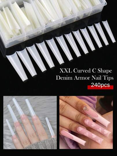 240Pcs/Box Extra Long Xxl French Coffin Nail Tips Denim Half Nail Tips Cover C Curve Acrylic Extension System False Nails Press On Nails Nail Supplies Nails