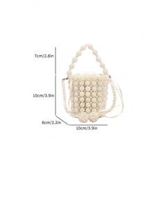 1pc Solid Color Mini Bucket Bag With Contrast Color Plastic Beads & Drawstring Closure, Handwoven Chain Strap, Crossbody Or Shoulder Bag - Beige - View 7