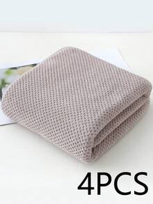 4pcs Plain Color Thickened And Oversize Bath Towels With Strong Water Absorption - 棕色 - 查看 1