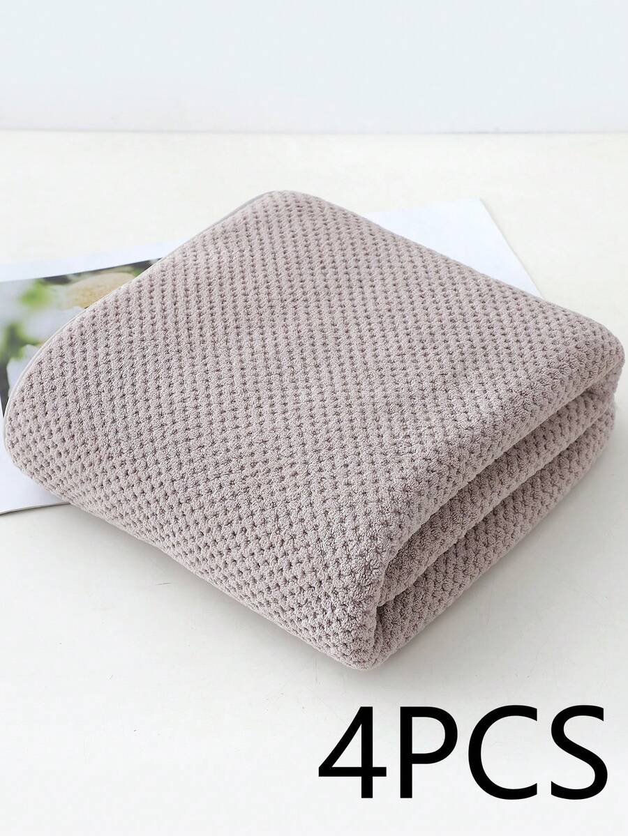 4pcs Plain Color Thickened And Oversize Bath Towels With Strong Water Absorption - 棕色 - 查看 1