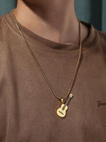 1pc Guitar & Bass Music Element Shiny Personalized European & American Punk Holiday Casual Street Fashion Party Dating Men's Copper Pendant Necklace - Guitar - View 4