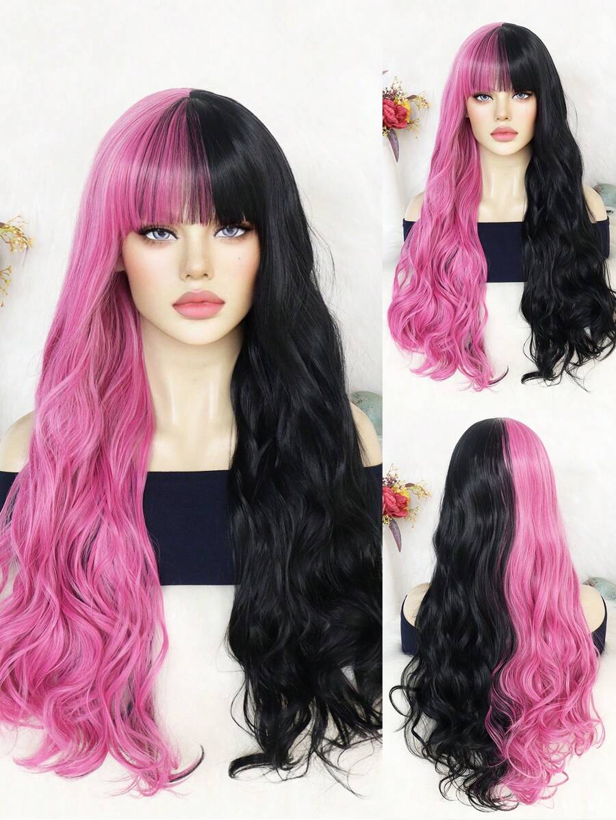 寬鬆波浪 30 英寸超長半黑色半玫瑰粉色角色扮演假髮帶劉海時尚性感女性日常派對使用高密度合成無膠耐熱纖維頭髮學校萬聖節感恩節聖誕節服裝配件和 1 件假髮帽 - 拼色 - 查看 1