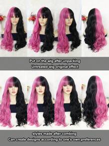 寬鬆波浪 30 英寸超長半黑色半玫瑰粉色角色扮演假髮帶劉海時尚性感女性日常派對使用高密度合成無膠耐熱纖維頭髮學校萬聖節感恩節聖誕節服裝配件和 1 件假髮帽 - 拼色 - 查看 7