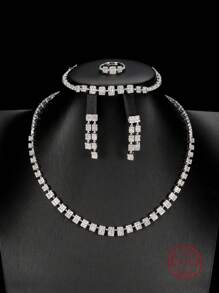 5入組豪華925純銀&立方氧化鋯女士首飾套裝（耳環,戒指,手鏈,項鍊）,適用於派對,婚禮,週年紀念,萬聖節禮物,訂婚新娘珠寶 - 銀色 - 查看 1