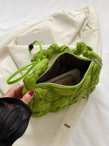 1pc Drawstring Design Fashionable Pleated Shoulder Bag Suitable For Women's Daily Use - Green - View 3