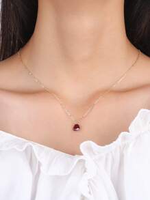 時尚S925銀14K金色心形紅寶石吊墜項鍊,首飾類適合女士 - 紅色 - 查看 3