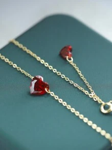 時尚S925銀14K金色心形紅寶石吊墜項鍊,首飾類適合女士 - 紅色 - 查看 4