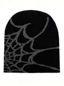 Y2K 哥特式蜘蛛图案亚克力针织帽冬季保暖便帽男士休闲骷髅头户外帽黑灰色秋季服装 - 黑色 - 查看 4