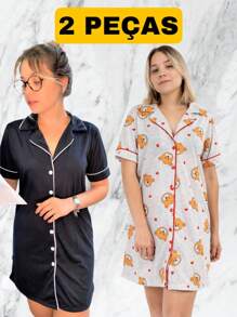 Kit 2 Camisolas Americana manga curta com Abertura de Botões Verão Gestante  Chemise Luxo Malha Premium Estampada Amamentação Pós cirúrgico - Preto e Branco - Visão 2