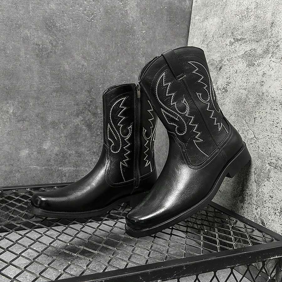 男士pu皮革休閒靴,西部牛仔靴,刺繡高筒騎行靴,英式風格 - 黑色 - 查看 1