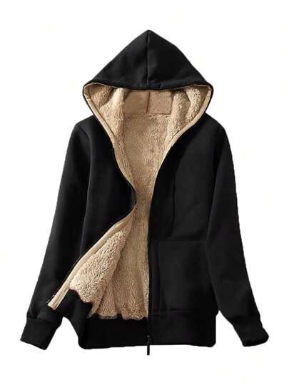 Chaqueta de mujer con capucha de felpa de manga larga de color sólido Slouchy Casual