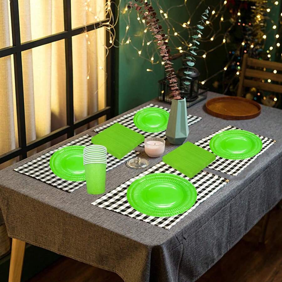 60pcs Disposable Party Tableware Set Including Paper Plates, Cups, And Napkins , For Halloween Or Christmas Party - Green - View 1