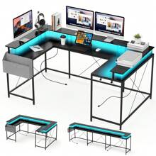 U Shaped Desk With Monitor Stand And LED Lights, Reversible L Shaped Computer Desk With Power Outlets And Storage Shelves, Large Corner Office Table, U- Shaped Gaming Desk, Brown - Brown - View 2