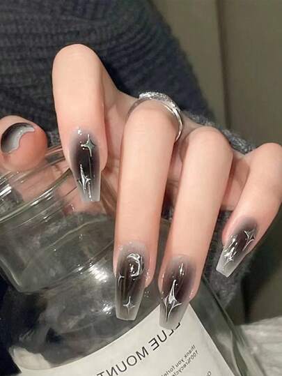 24 片方形全覆盖神秘黑色闪光指甲贴，包含果冻凝胶指甲锉，适合派对、约会、日常穿着，暗星设计，适合女士和女孩按压式指甲，美甲用品