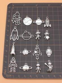 16pcs Antique Silver Color Astronaut Spaceman Rocket Alien Cosmic Planet Charms Collection For Diy Jewelry Making, 16 Styles, 1 Of Each