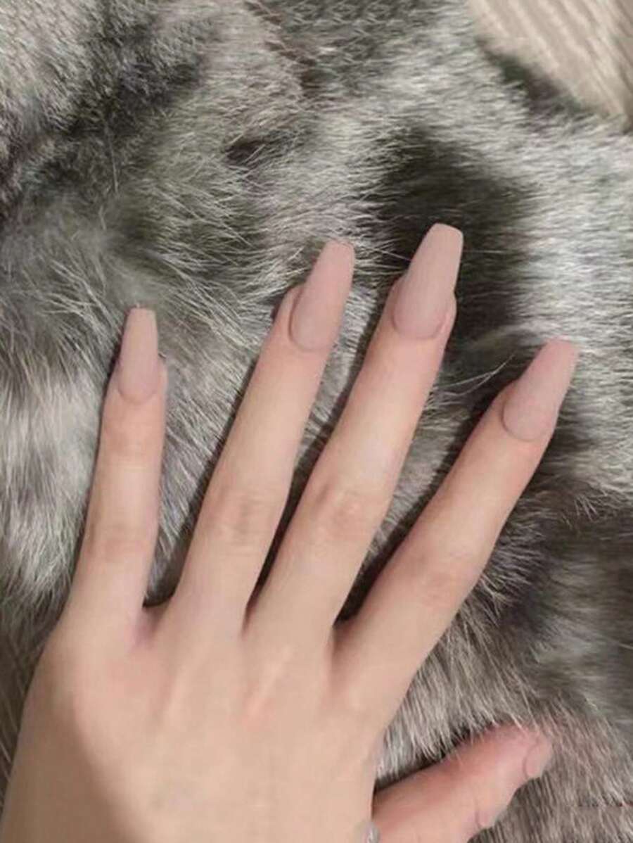 24 Piezas/set Uñas Postizas De Color Carne Mate Con Estilo De Ballet, Longitud Mediana Larga - Caqui - Ver 1