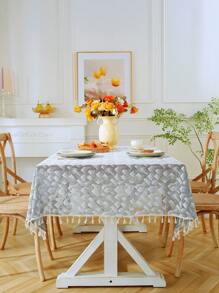 1片秋冬山脈圖案蕾絲灰白色桌布,配流蘇和塵布,適用於農舍家庭餐桌,節日晚餐,派對,宴會,婚禮裝飾,長方形桌巾 - 灰色 - 查看 9
