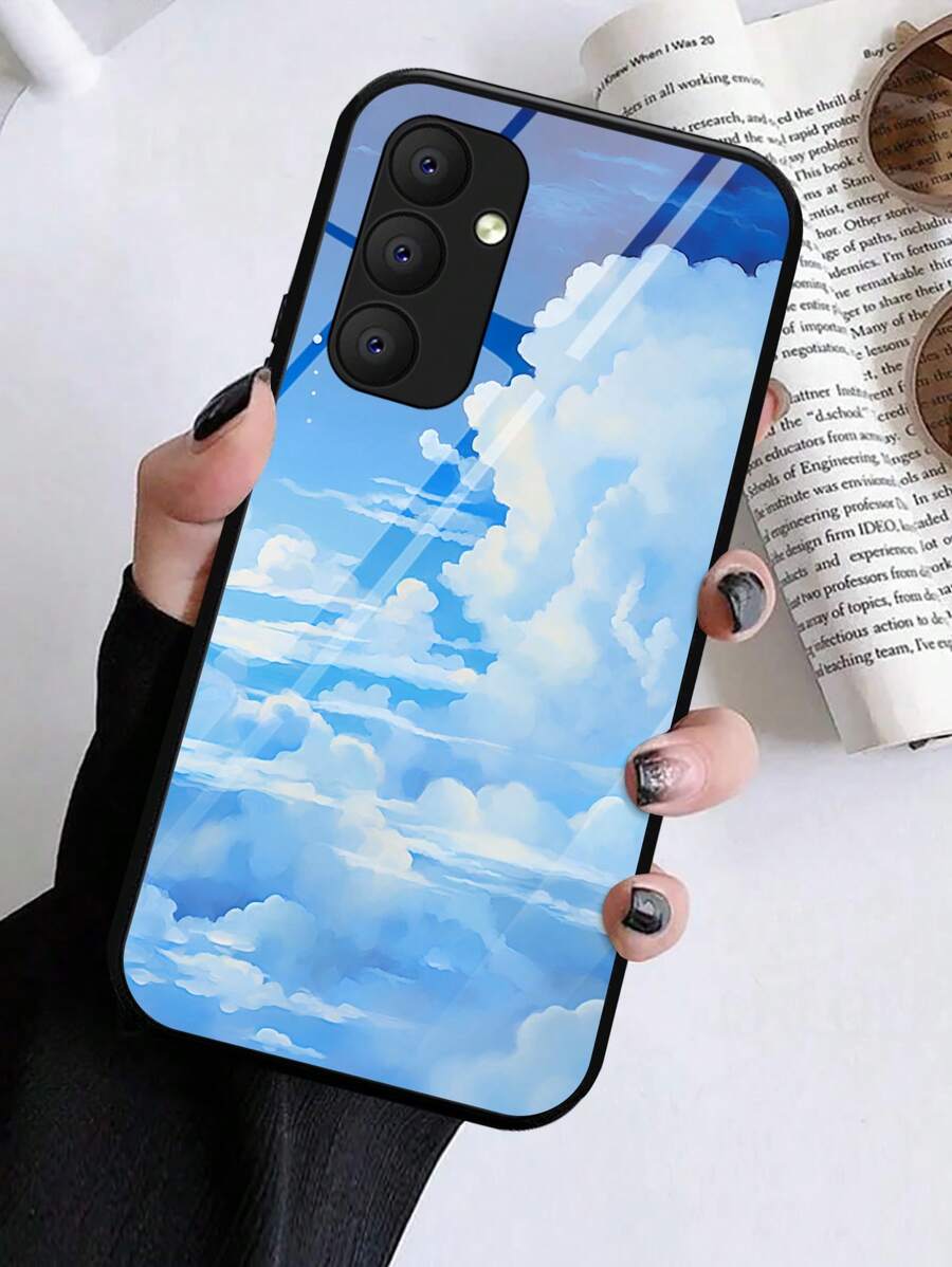 1pc Blue Sky White Clouds A54 Tempered Glass Cover Compatible With Xiaomi/Compatible With Huawei/Compatible With Samsung Models - Blue and White - View 1