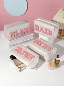 件套雪尼爾字母透明化妝包，Preppy 貼片化妝包帶拉鍊，透明 PVC 和尼龍防水便攜式閃光化妝包適合女式女孩旅行洗漱用品存儲 - 彩色 - 查看 1