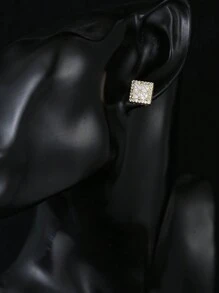 1pair Bridal Copper Earrings, Square Design With Gemstone Inlaid, Simple Style - Gold - View 2