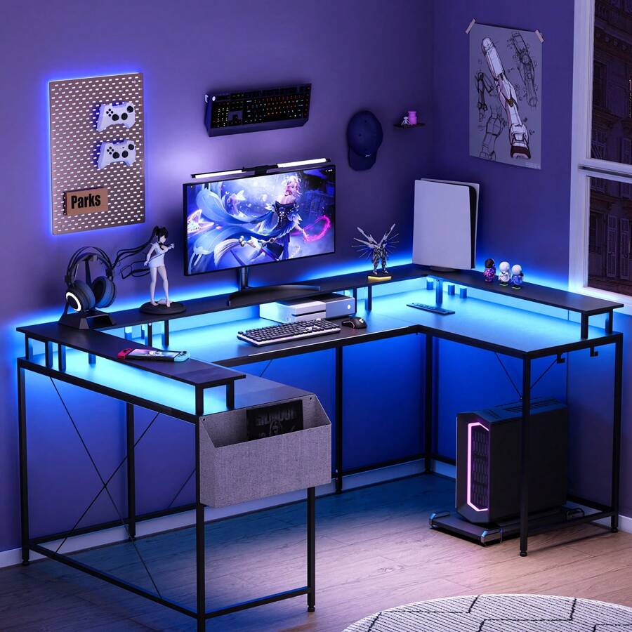 U Shaped Desk With Monitor Stand And LED Lights, Reversible L Shaped Computer Desk With Power Outlets And Storage Shelves, Large Corner Office Table, U- Shaped Gaming Desk, Brown - Brown - View 1