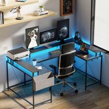 U Shaped Desk With Monitor Stand And LED Lights, Reversible L Shaped Computer Desk With Power Outlets And Storage Shelves, Large Corner Office Table, U- Shaped Gaming Desk, Brown - Brown - View 3