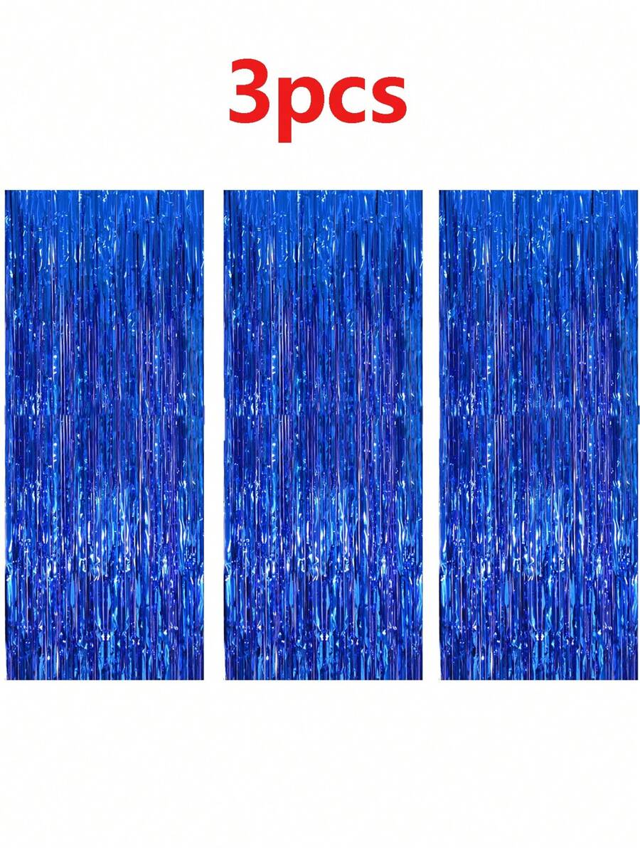 3 tấm rèm tua rua kim loại màu xanh lam dùng cho Studio chụp ảnh, sinh nhật, đám cưới, đính hôn, tiệc cô dâu, đêm dành cho con gái, lễ hội, lễ kỷ niệm, trang trí tiệc, Giáng sinh - Màu xanh lam - Xem 1