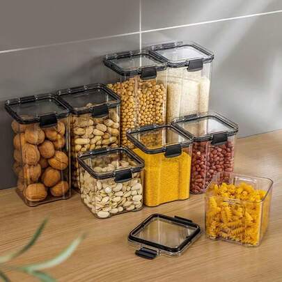 1只精美廚房食物容器谷物穀物分類密封儲物罐,防潮防蟲乾果茶麵條收納盒/黑色