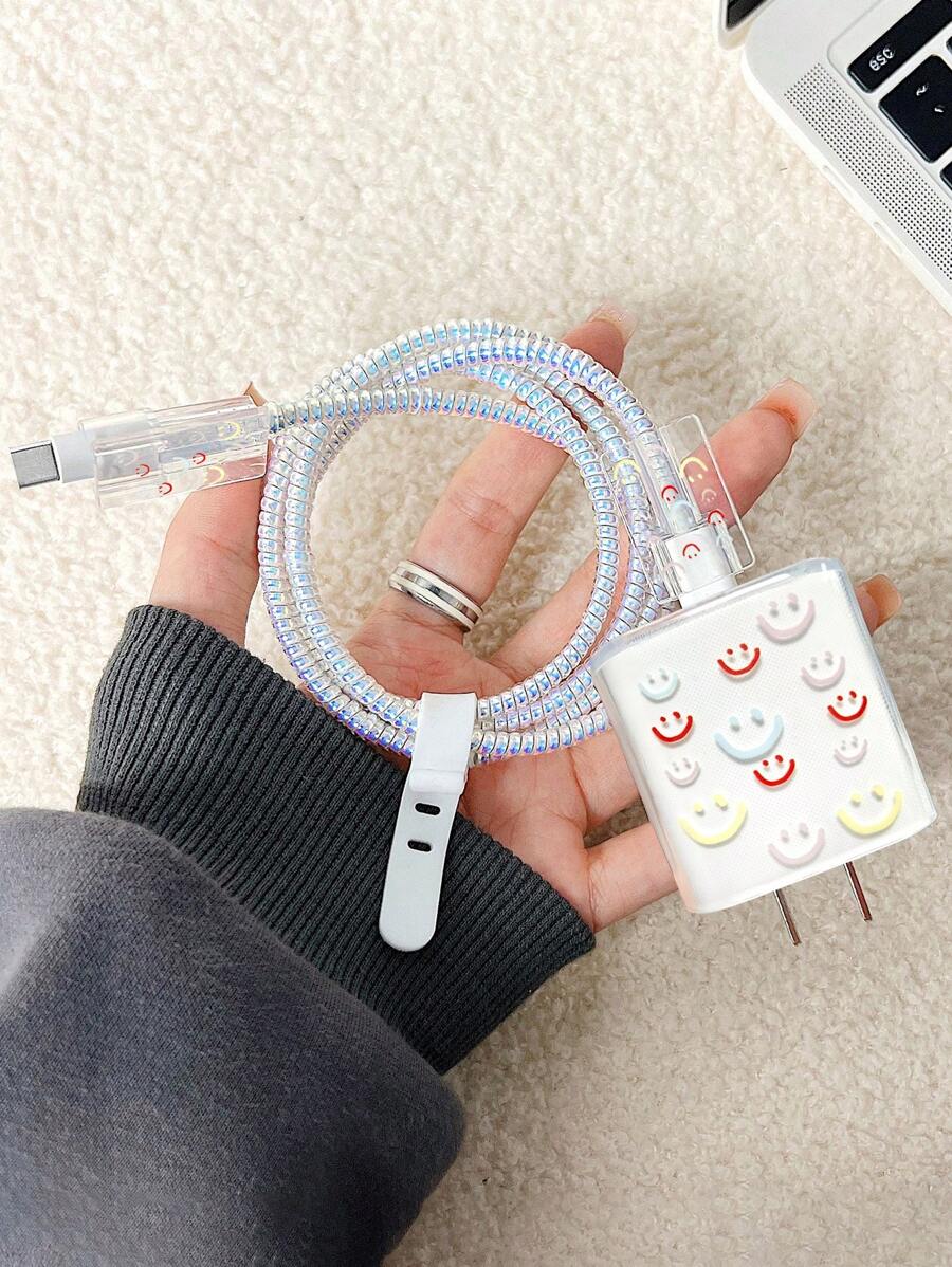 5入組表情圖案數據線保護頭和充電頭套套裝 - 白色 - 查看 1