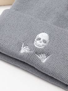 1pc Men's Embroidered Skull Beanie Street Skeleton - Grey - View 3