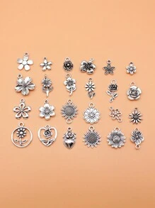 24個古銀色花形吊墜收藏品,適用於diy珠寶製作,24種風格,每款各1個 - 復古銀色 - 查看 2