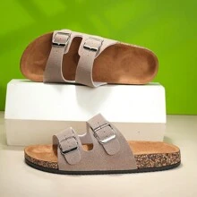 2025 Fashionable Buckle Flat Soft Wood Slide Sandals, Vacation Style Summer Unisex Beach Outdoor Casual Slippers