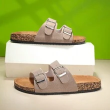 2025 Fashionable Buckle Flat Soft Wood Slide Sandals, Vacation Style Summer Unisex Beach Outdoor Casual Slippers