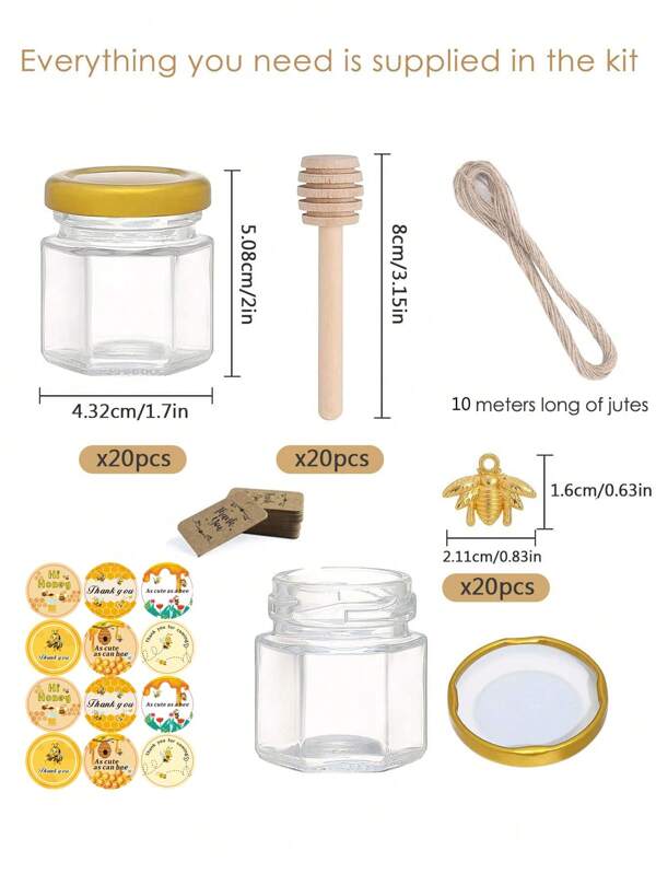 60 Pack Mini Honey Jars/Pot Metal Lids,1.5 Oz Glass,Wooden Dippers,Bee