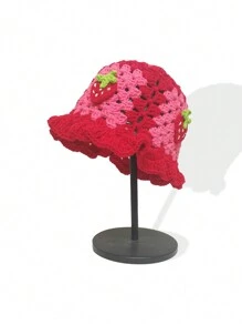 Boho 1pc Women's Crochet Strawberry Pattern Bucket Hat Suitable For Daily Wear Winter Fall Valentine's Day Winter Outfits - Red - View 1