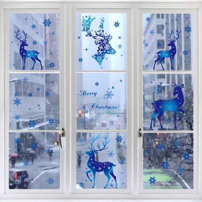 6pcs Christmas Elks Window Clings, Christmas Reindeer Window Stickers Snowflake Xmas Merry Christmas Window Clings, Double-Side Window Decals For Christmas Party Decorations Home Store Mall Glass Home Decor Christmas Decorations Room Decor