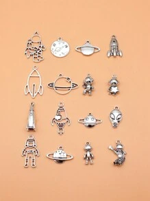16pcs Antique Silver Color Astronaut Spaceman Rocket Alien Cosmic Planet Charms Collection For Diy Jewelry Making, 16 Styles, 1 Of Each