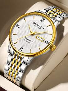 Guanqin Gj16247 男士金色不銹鋼機械手錶,帶礦物玻璃鏡面、日曆、夜光指針。適合日常佩戴和裝飾。 - 金色 - 查看 2