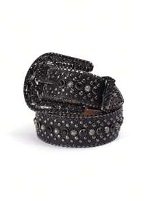 男女通用水钻腰带，适合西部牛仔/女孩，镶嵌奢华水晶水钻的牛仔/男孩皮带，适合万圣节夏季、秋季、秋季、万圣节 - 黑色 - 查看 12